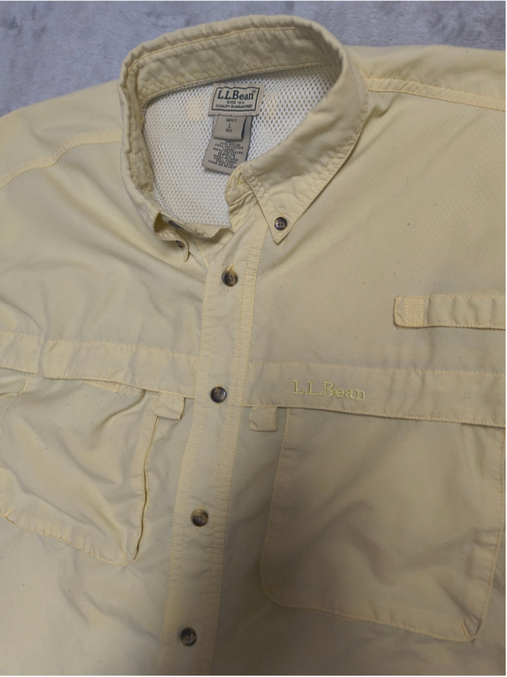 L.L. Bean Men's Large Yellow Vented Fishing Shirt Short Sleeve OPD25 Nylon Blend